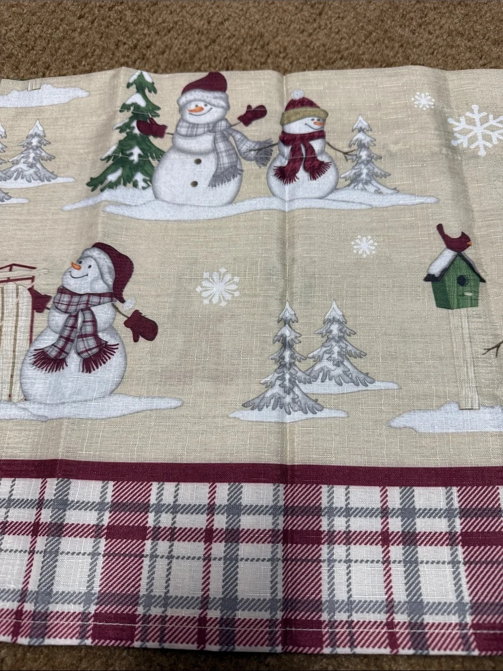 Cream Snowman Holiday Valance Window Curtain with Red Plaid Trim